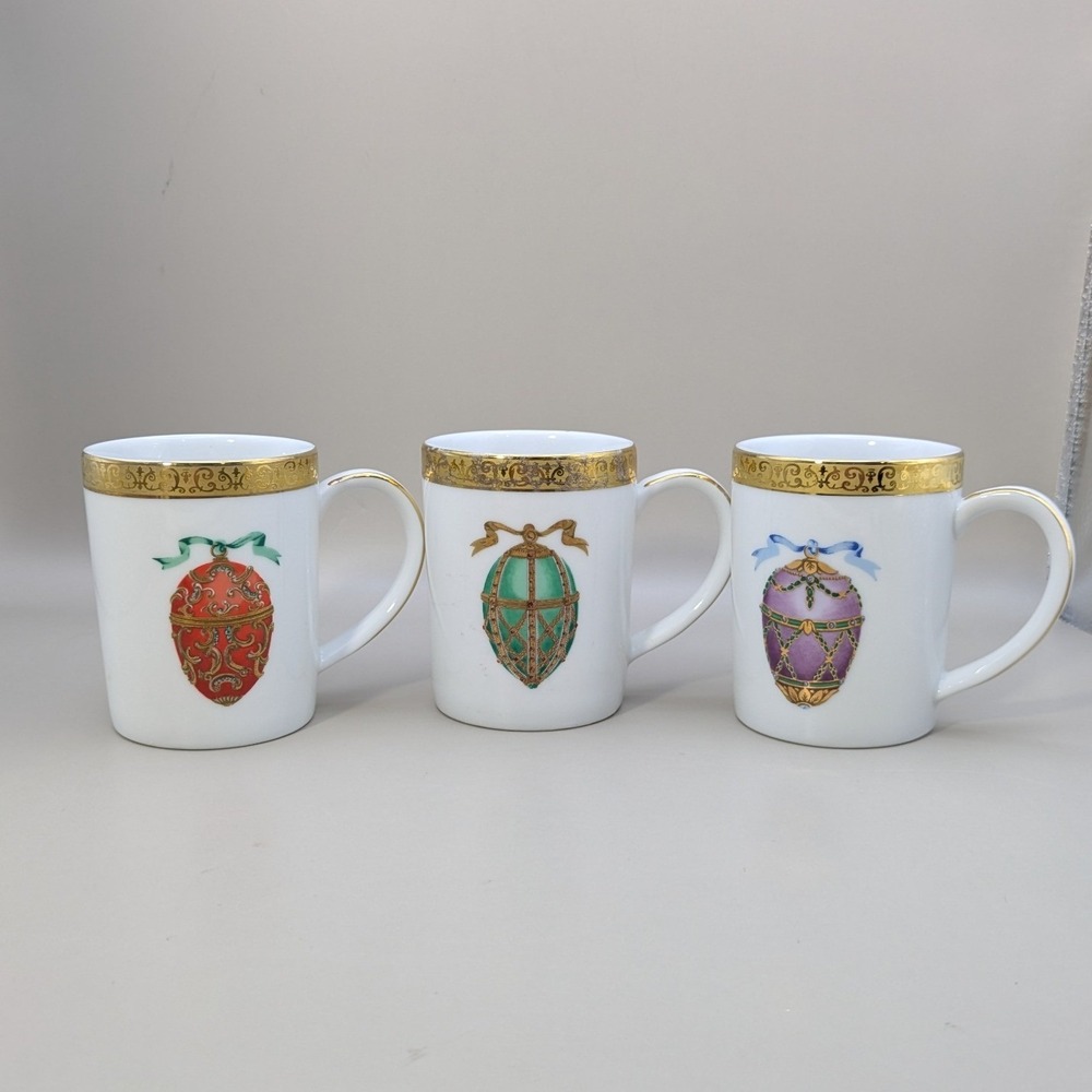 VTG 1991 Royal Gallery Gold Buffet Faberge Egg Christmas Holiday Mugs Set of 3